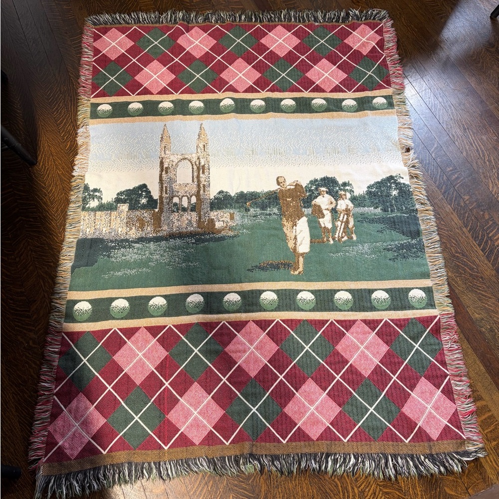 Afghan‎ Throw Blanket Hand Woven 100% Cotton, Golf, Vintage